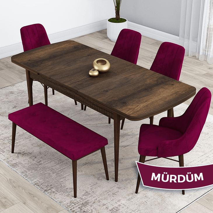 masa barok ahşap desen sandalye ve bench mürdüm