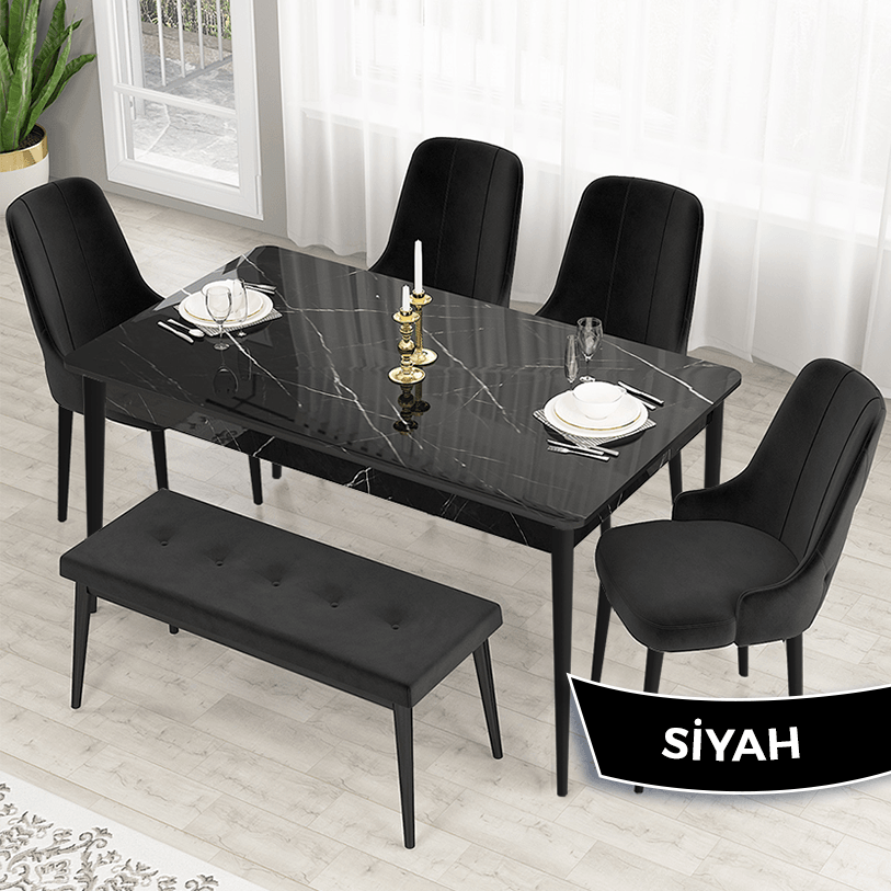 Lav Serisi 80x130 Sabit Siyah Mermer Desen Masa Takımı 4 Sandalye Ve 1 Bench