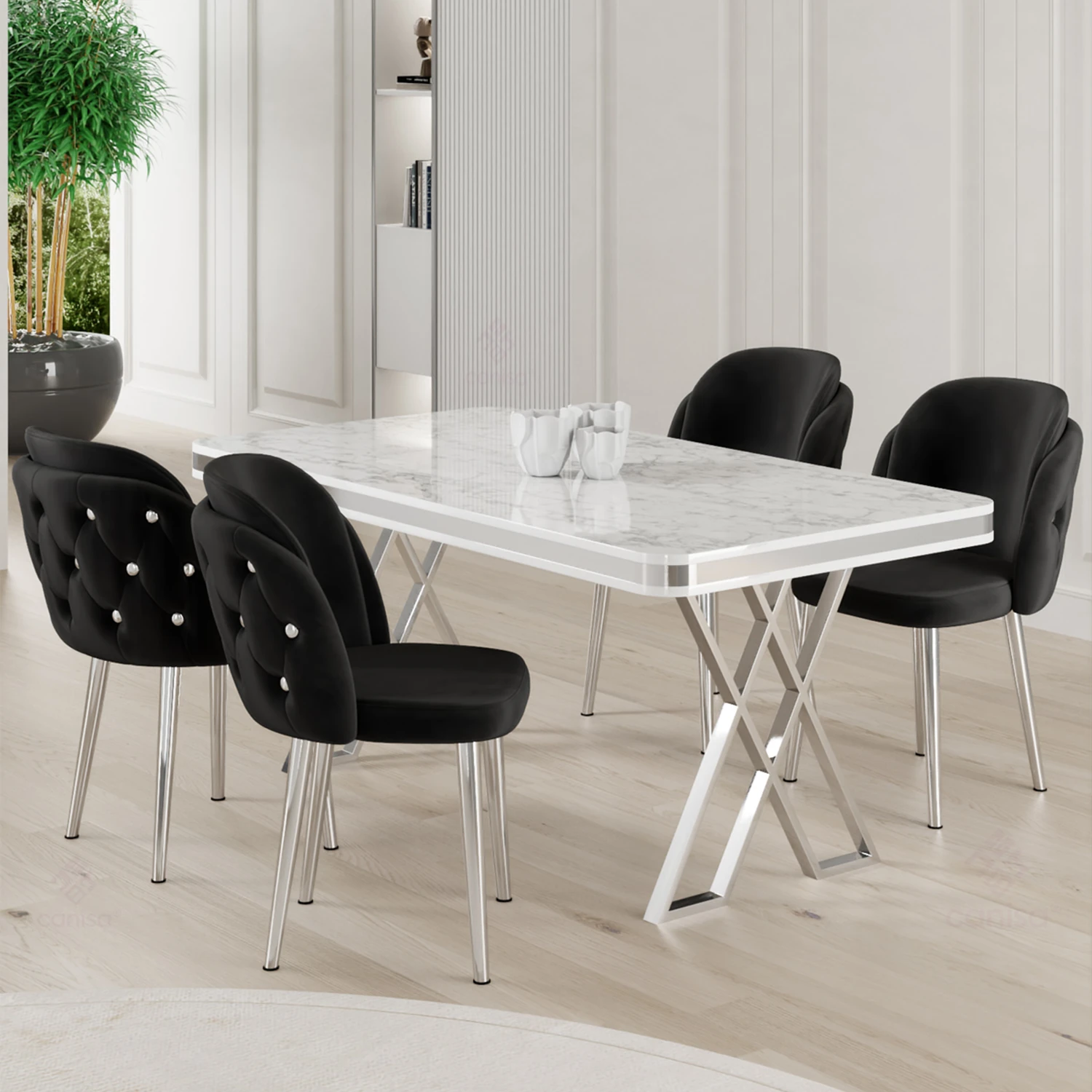 Beyaz Mermer Desen Masa Siyah Sandalye