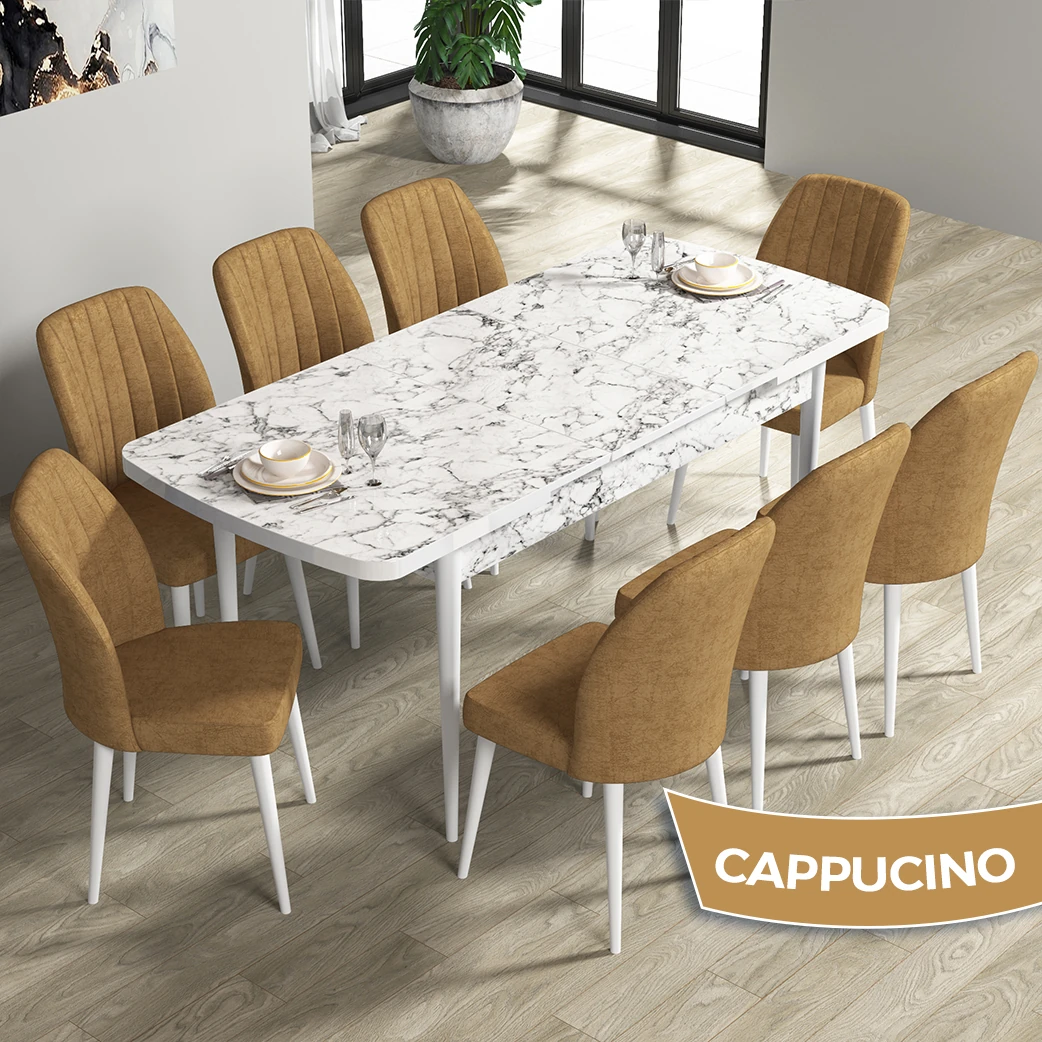 Beyaz Mermer Desen Masa Cappucino Renk Sandalye