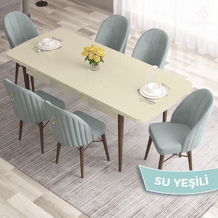 masa krem ayaklar ceviz sandalye su yeşili