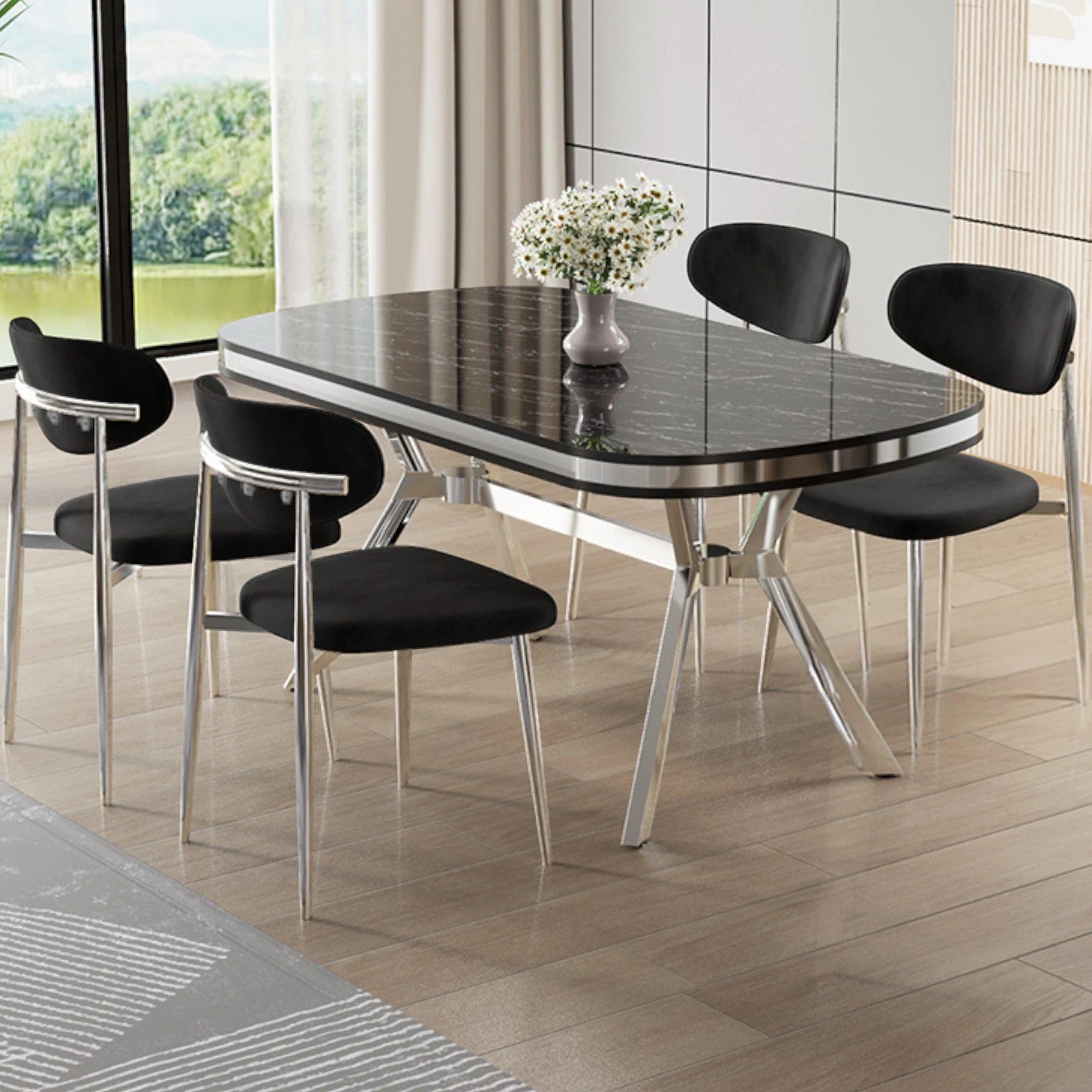 Sonata Masa Siyah Sandalye Ayaklar Krom