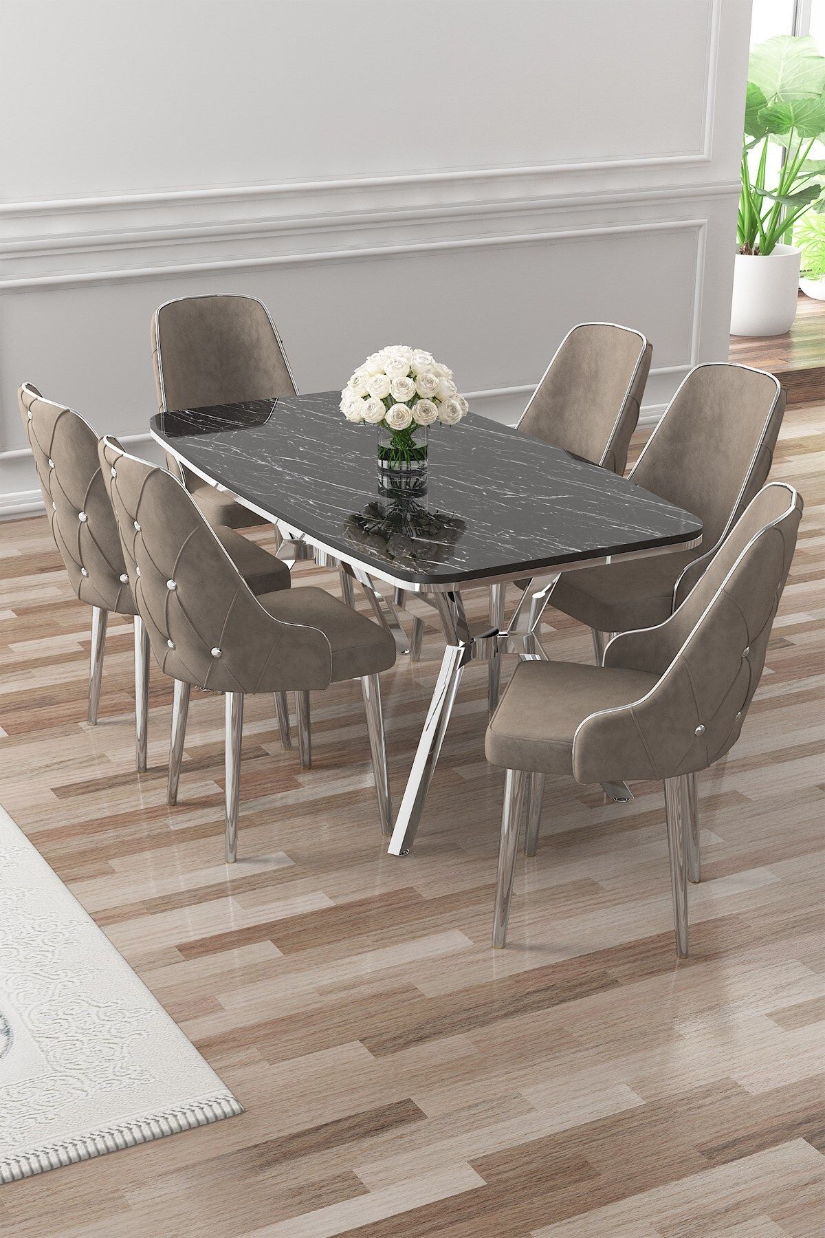 siyah mermer masa sandalye cappucino krom detay