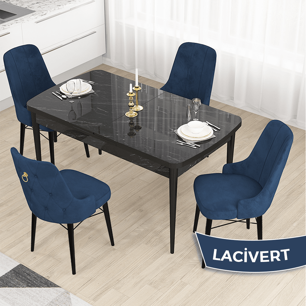 Lacivert Sandalye Siyah Mermer Desen Masa