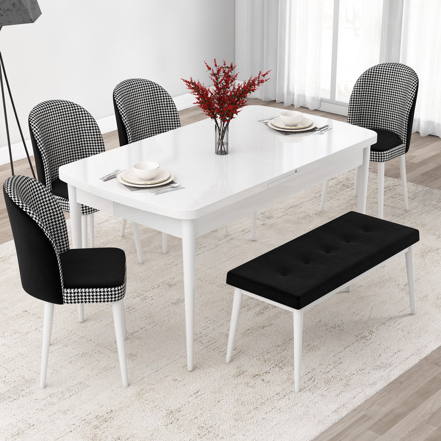 Jul Serisi 80x132 Açılabilir Beyaz Mutfak Masası Takımı 4 Sandalye Ve 1 Bench