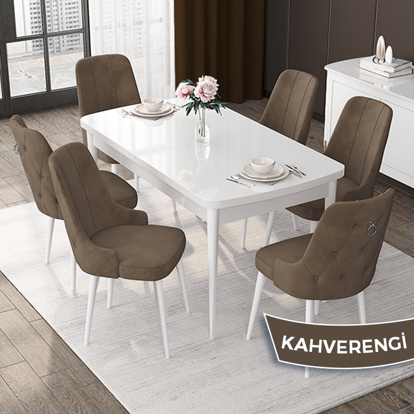 Nex Serisi 80x132 Mdf Açılabilir Gümüş Halka Beyaz Masa Takımı Ve 6 Sandalye