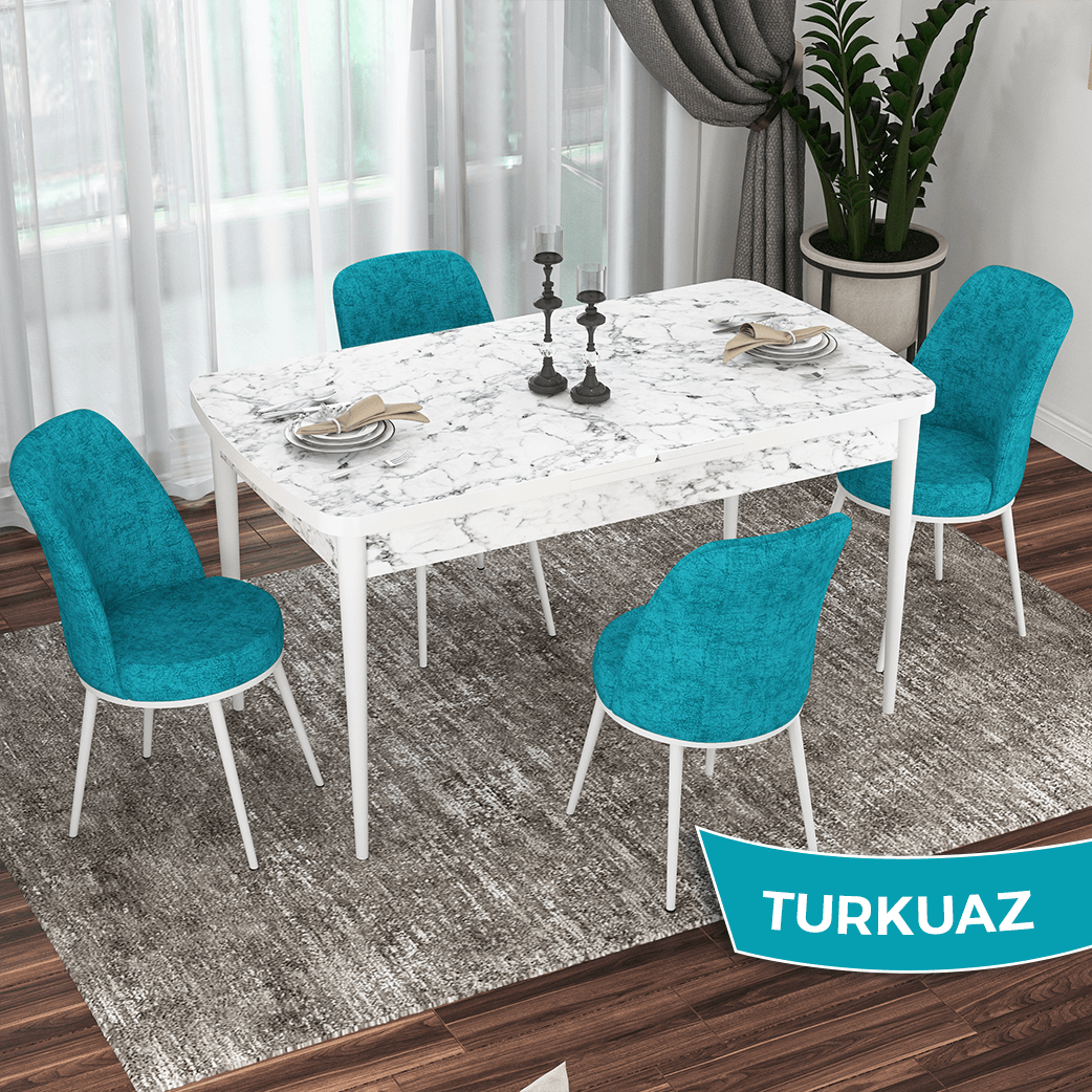 Masa Beyaz Mermer Desen Turkuaz Sandalye
