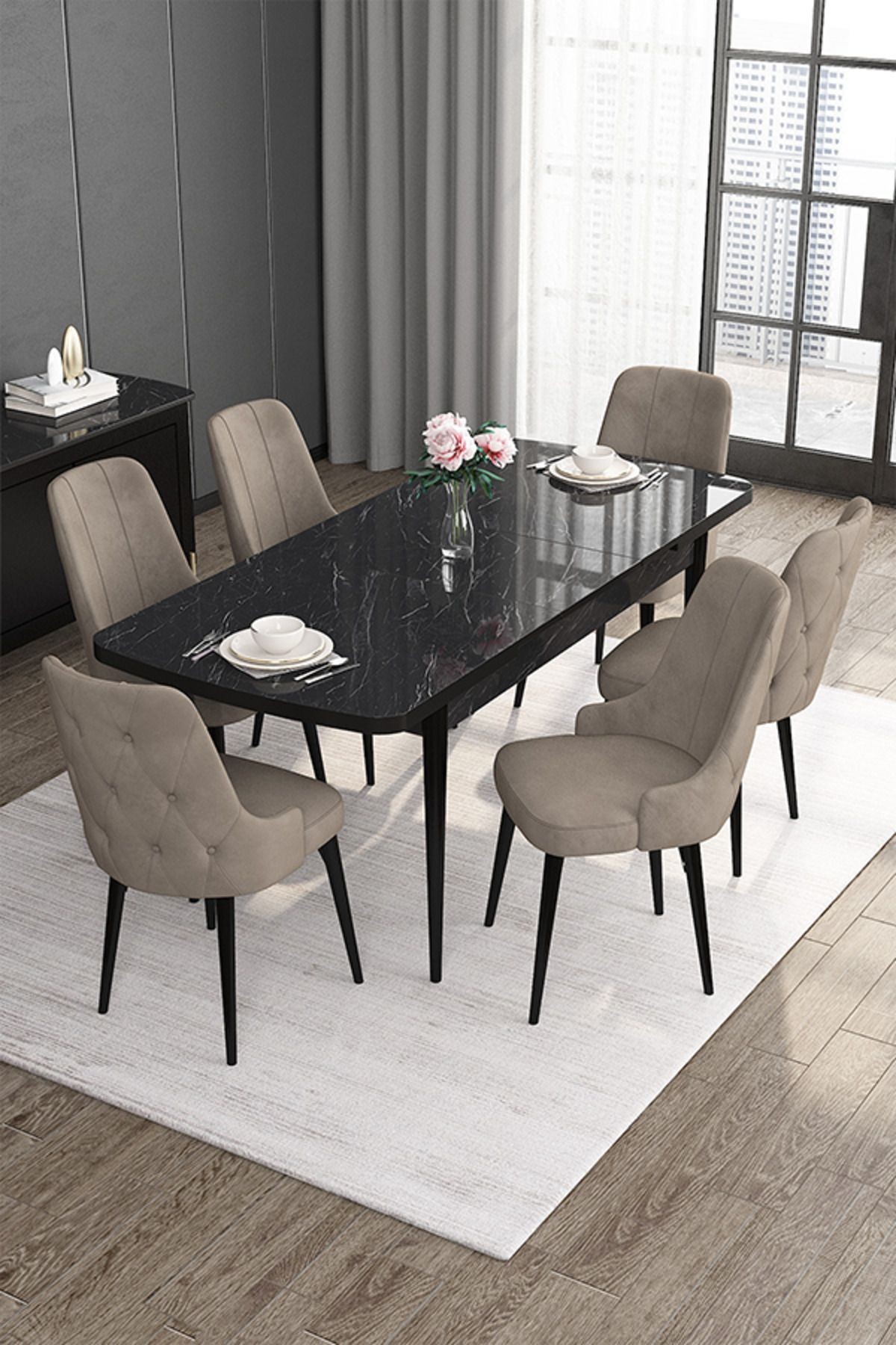 Roy Serisi 80x132 Mdf Açılabilir Siyah Mermer Desen Masa Takımı Ve 6 Sandalye