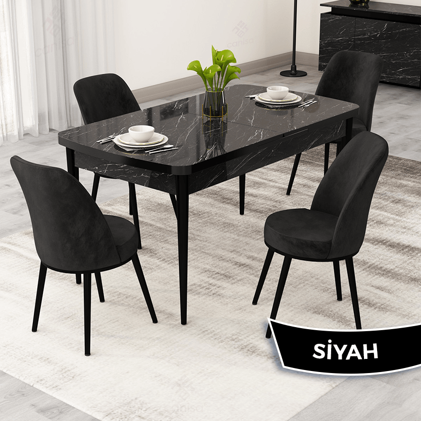 Masa Siyah Mermer Desen Sandalye Siyah Renk