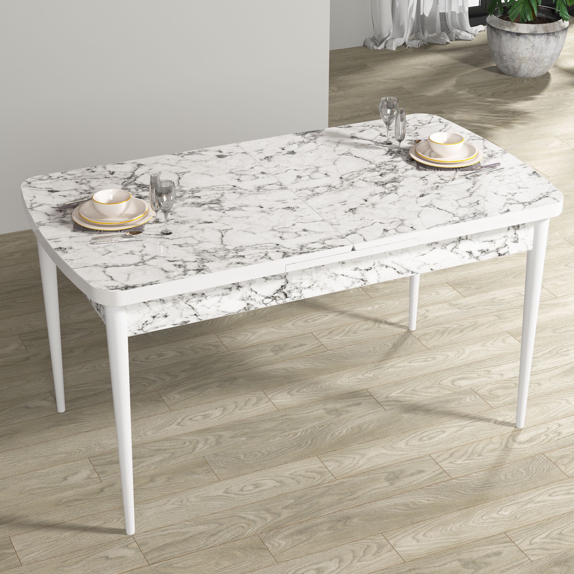 Rio Serisi 80x132 Mdf Açılabilir Beyaz Mermer Desen Masa Takımı Ve 4 Sandalye