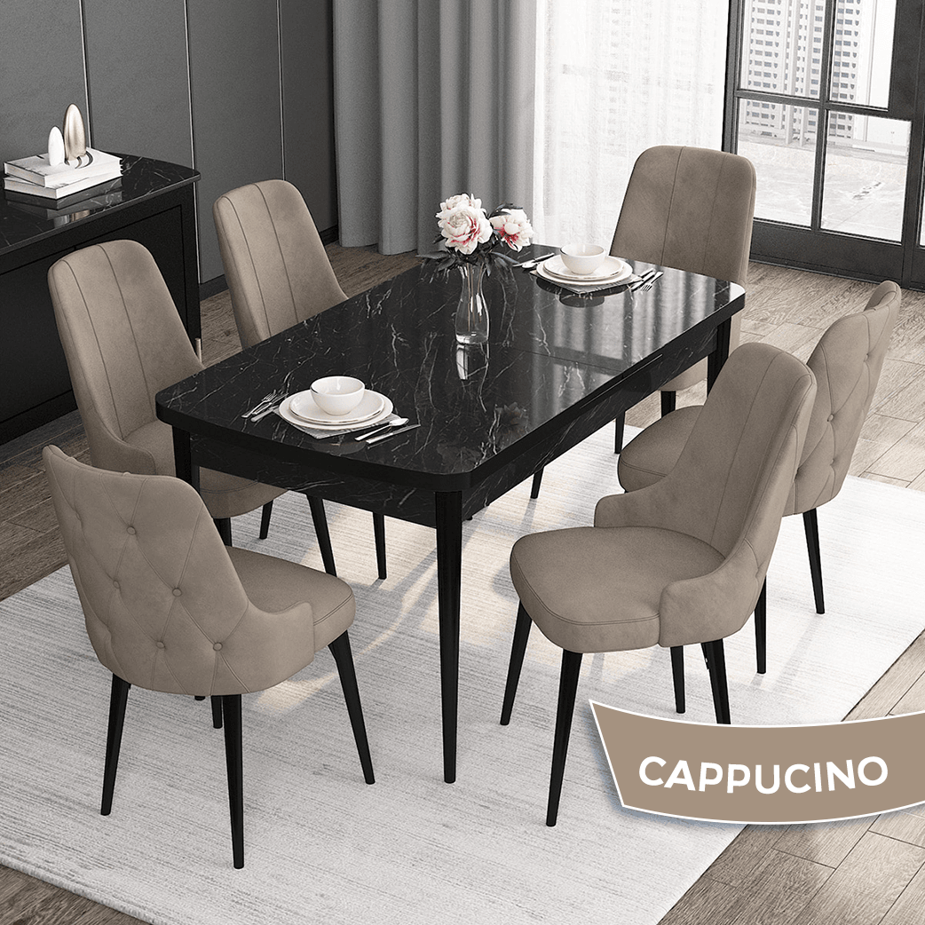 Roy Serisi 80x132 Mdf Açılabilir Siyah Mermer Desen Masa Takımı Ve 6 Sandalye