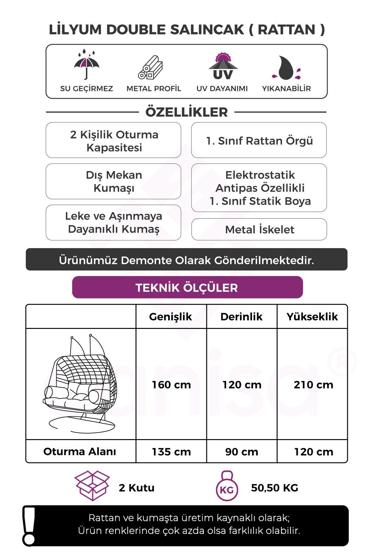 Lilyum Serisi Çift Kişilik Kahverengi Rattan Örgü Krem Minder Salıncak