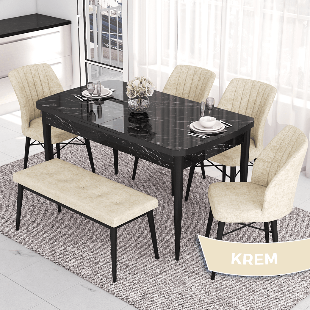 Eva Serisi 80x132 Açılabilir Mdf Siyah Mermer Desen Masa Takımı 4 Sandalye Ve 1 Bench