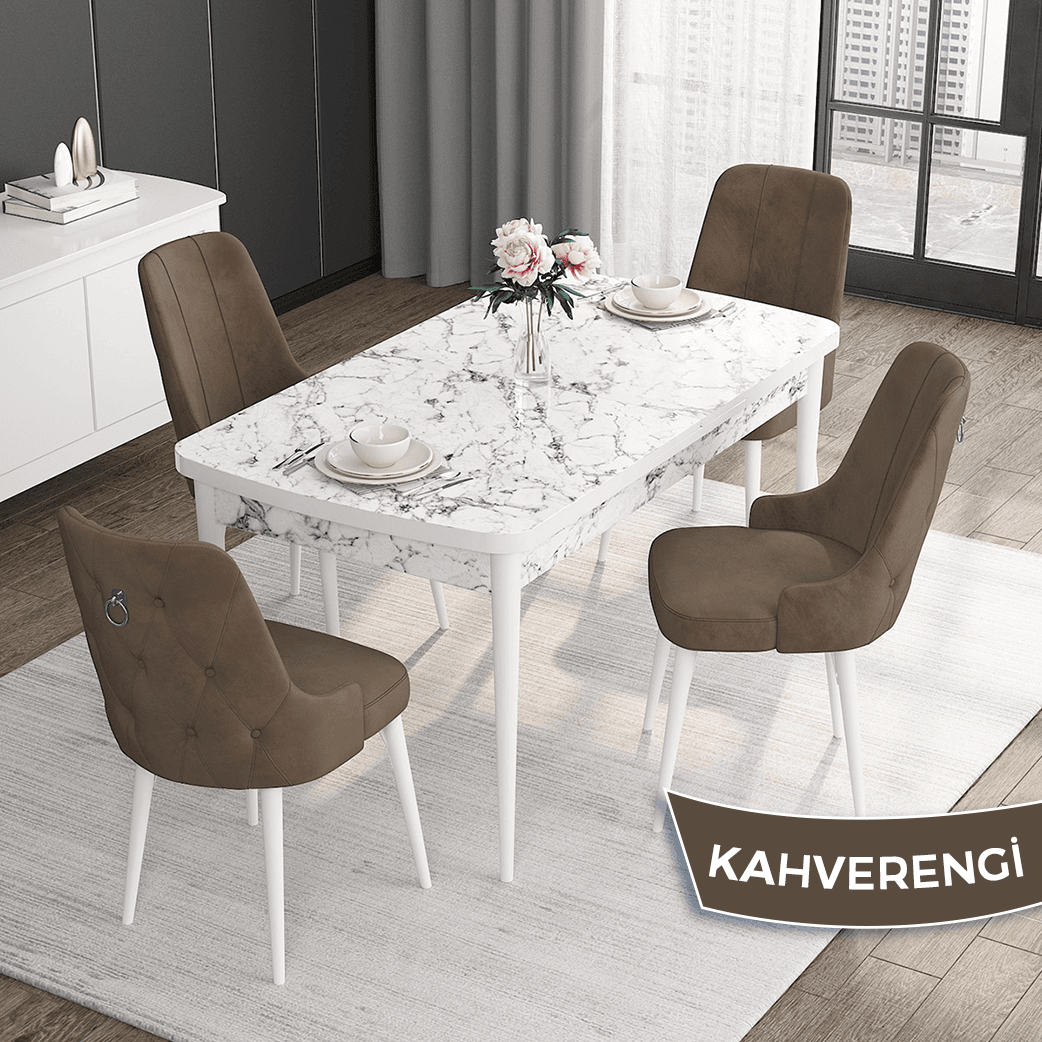 masa beyaz mermer desen sandalye kahve
