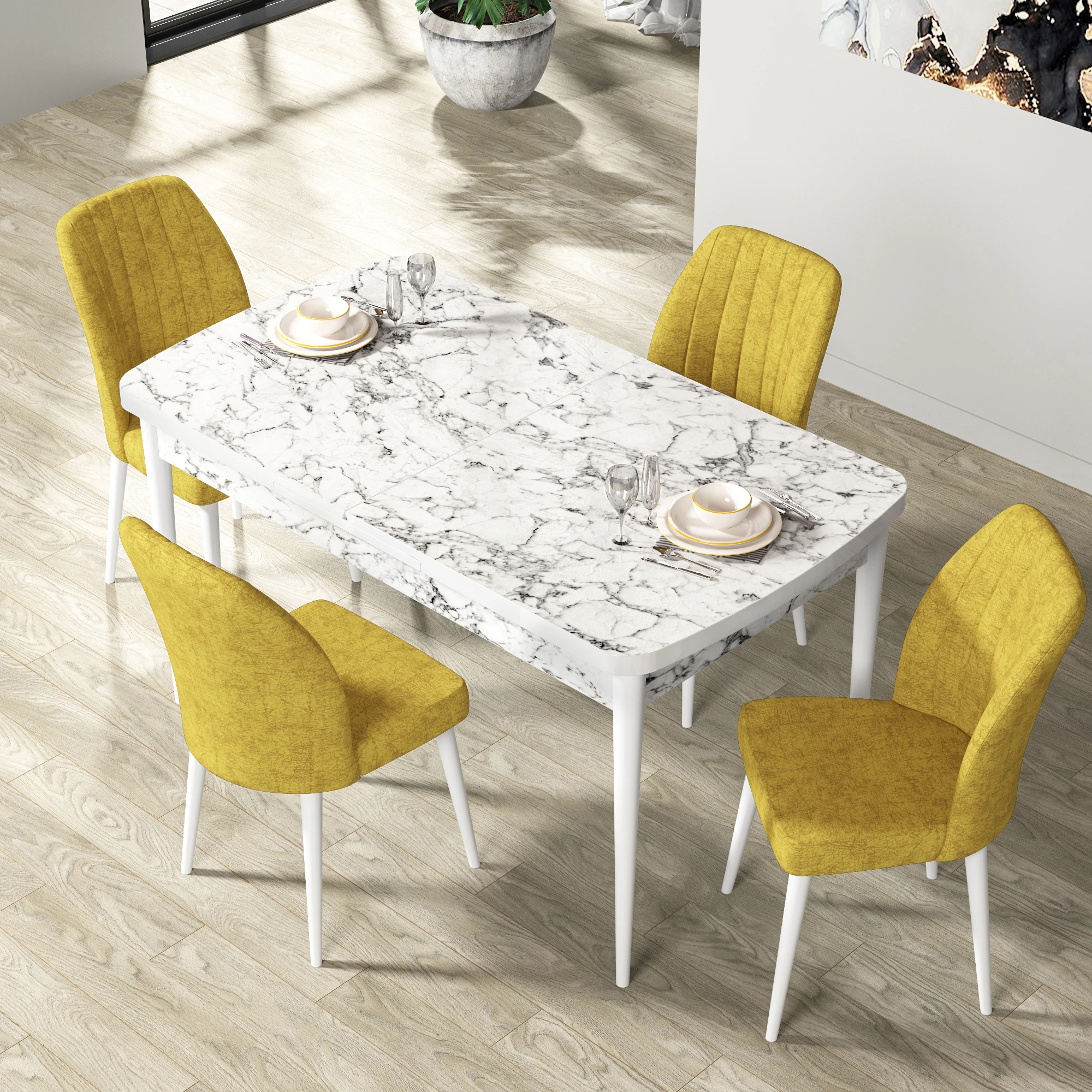 masa beyaz mermer sandalyeler hardal