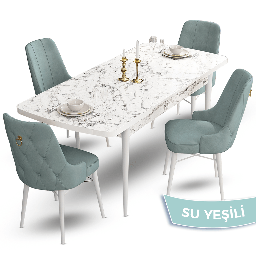 Taç Serisi 80x132 Açılabilir Gold Halka Beyaz Mermer Desen Masa Takımı ve 4 Sandalye
