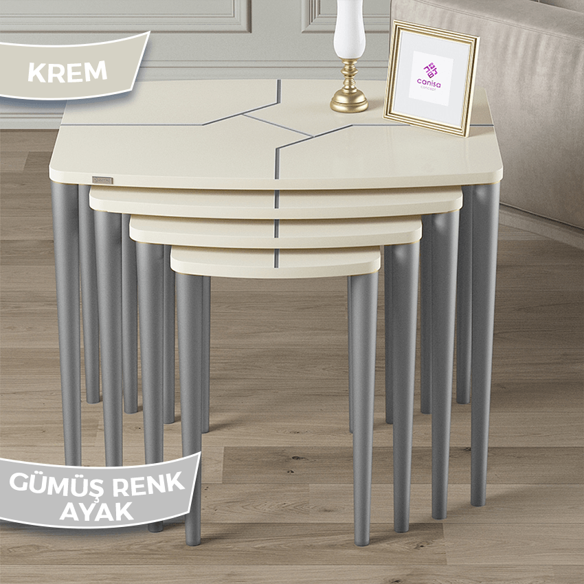 Argent Serisi Krem Renk MDF 4'lü Zigon Sehpa Takımı
