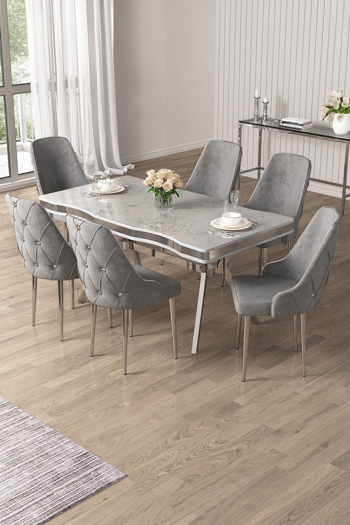 Vae Serisi 90x160 Lak Panel Beyaz Mermer Desen Krom Ayak Masa Takımı 6 Gri Sandalye