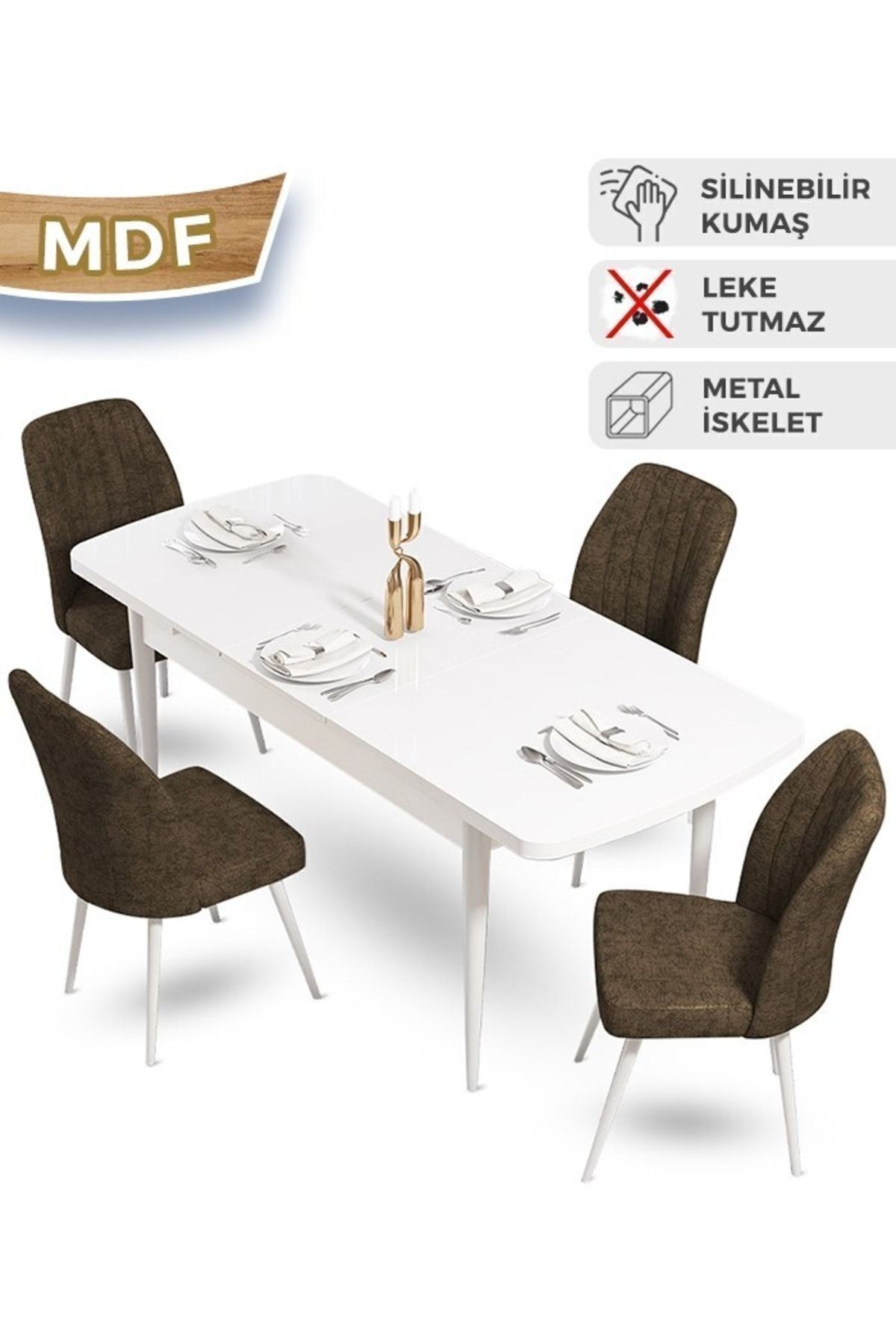 Mun Serisi 80x132 Açılabilir Mdf Beyaz Masa Takımı Ve 4 Sandalye