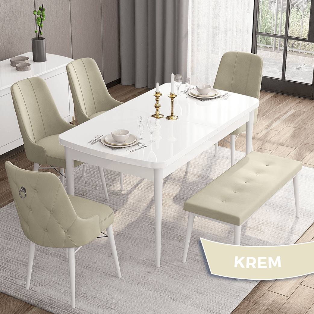 Taç Serisi 80x132 Açılabilir Gümüş Halka Beyaz Masa Takımı 4 Sandalye ve 1 Bench