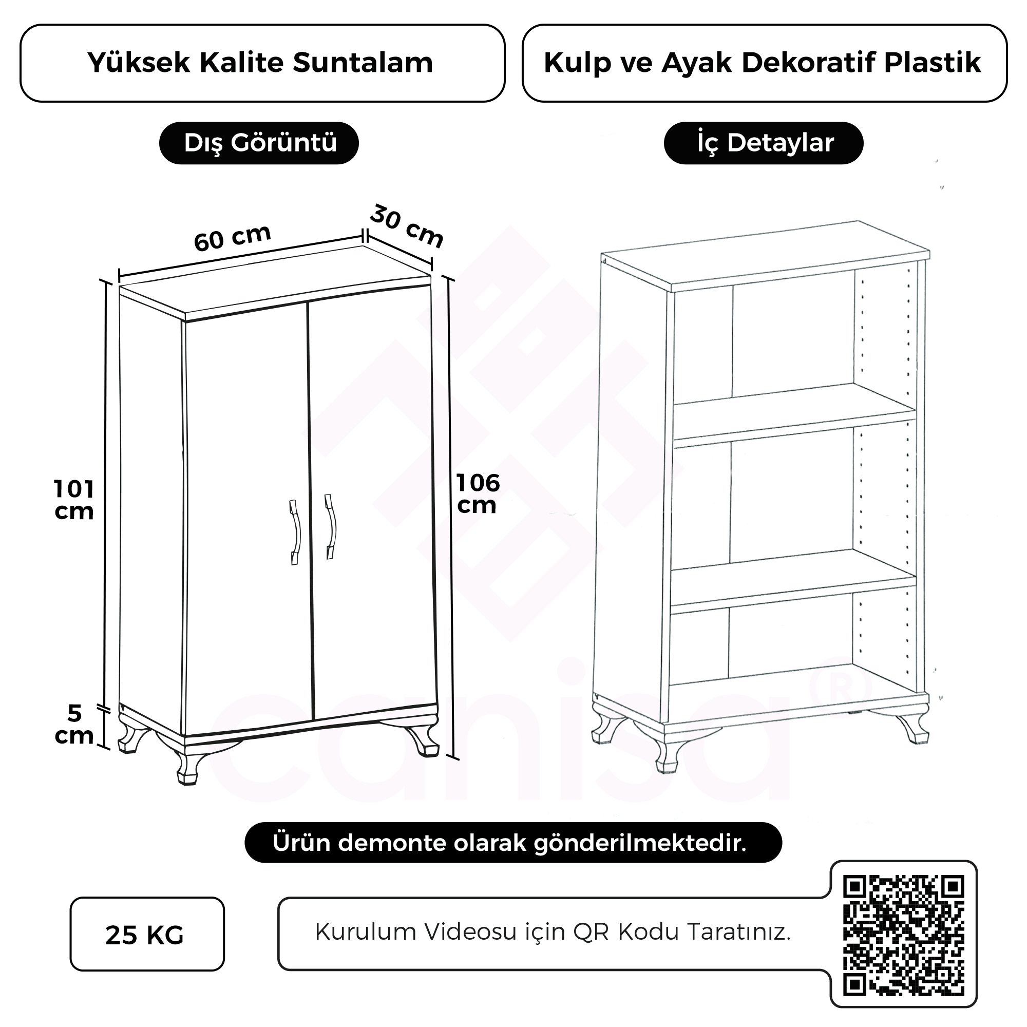 Polax Beyaz Çok Amaçlı Kapaklı Siyah Dekoratif Kulplu Banyo Dolabı