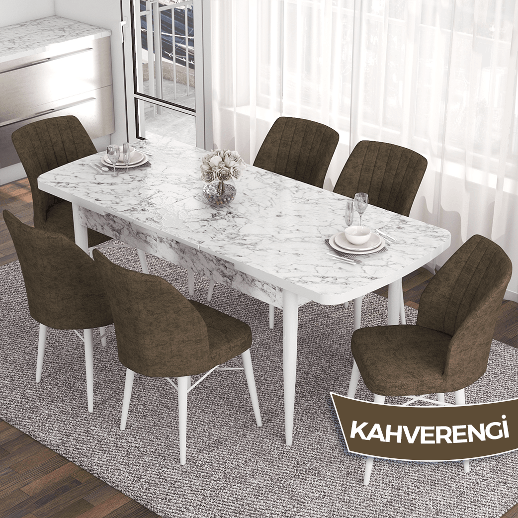 masa beyaz/sandalyeler kahverengi