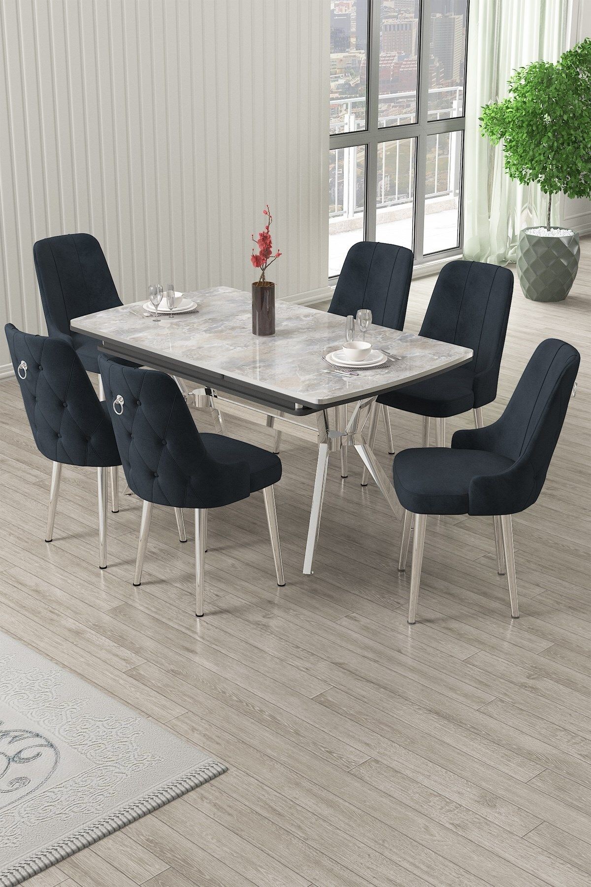 Nis Serisi 89x150 Açılabilir Lak Panel Rampla Gri Masa ve 6 Sandalye Krom Kaplama Ayak