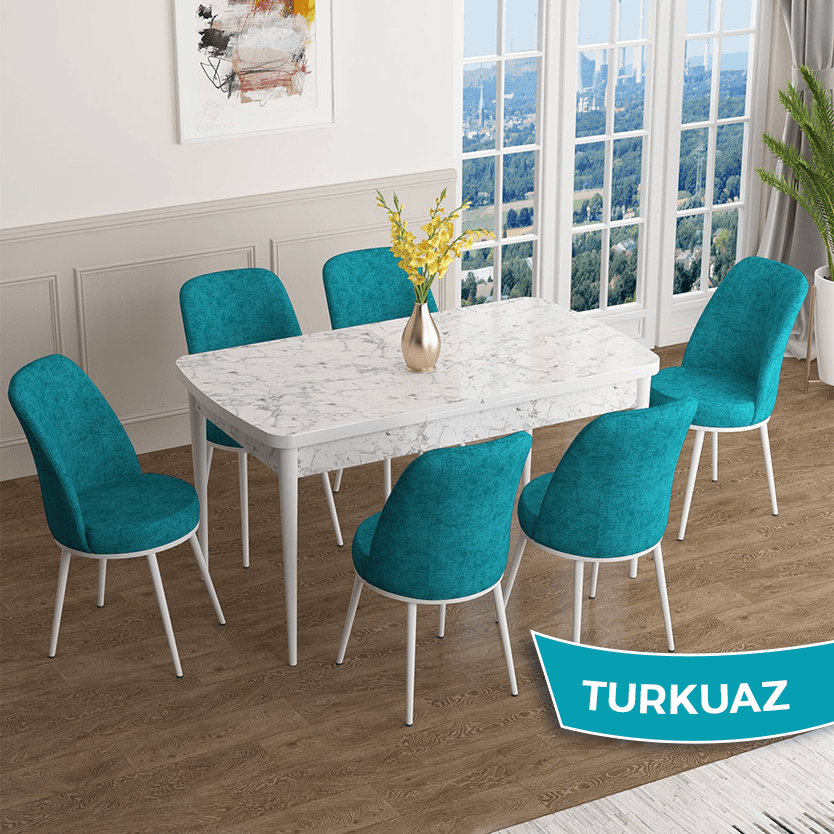 masa beyaz mermer desen sandalye turkuaz