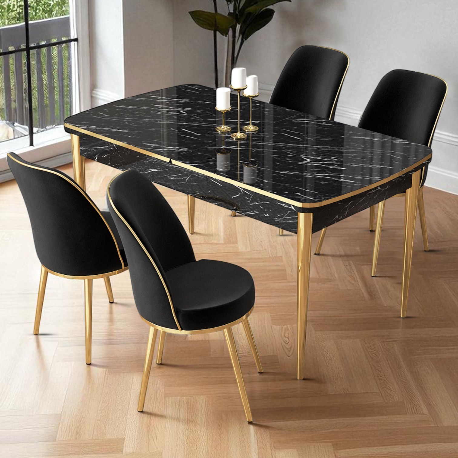 Siyah Mermer Desen Masa Siyah Sandalye Gold Detay