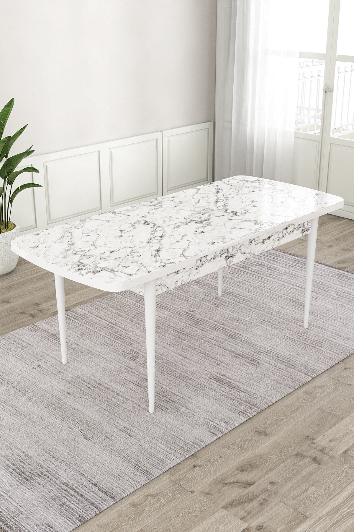 Rut Serisi 80x132 Açılabilir Beyaz Mermer Desen Masa Takımı 4 Sandalye Ve 1 Bench