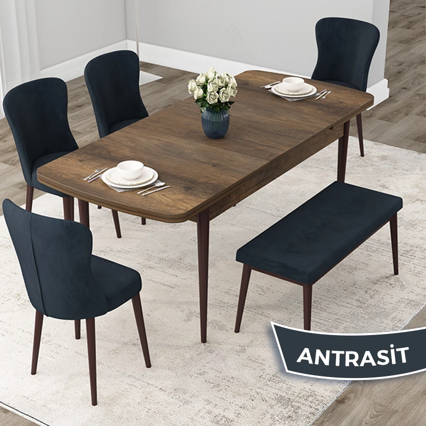 Due Serisi 80x132 Açılabilir Barok Ahşap Desen Masa Takımı 4 Sandalye Ve 1 Bench