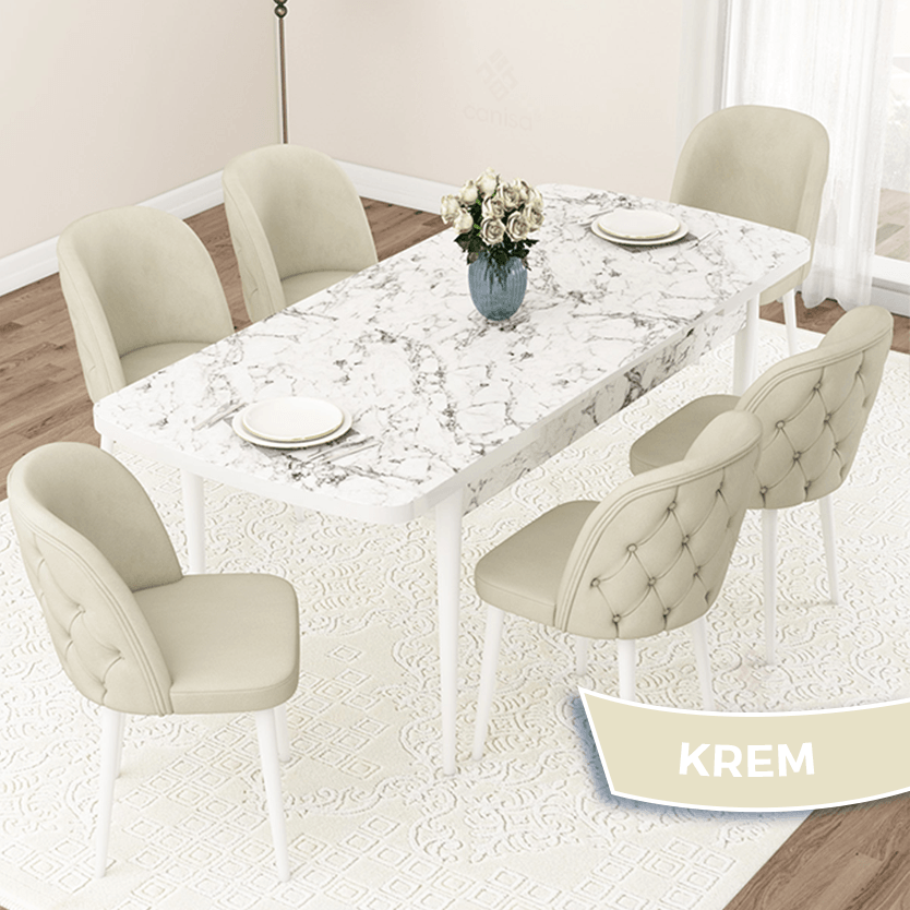 Krem Sandalye beyaz Mermer Desen Masaa