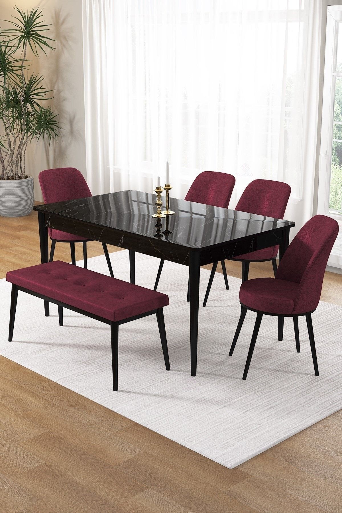 Pir Serisi 80x130 Sabit Siyah Mermer Desen Masa Takımı 4 Sandalye Ve 1 Bench