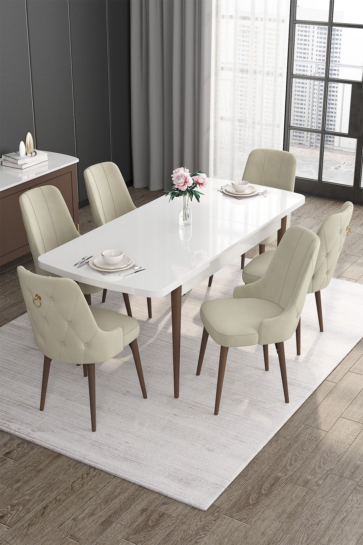 Noa Serisi 80x132 Mdf Açılabilir Gold Halka Beyaz Masa Ceviz Ayak Masa Takımı Ve 6 Sandalye