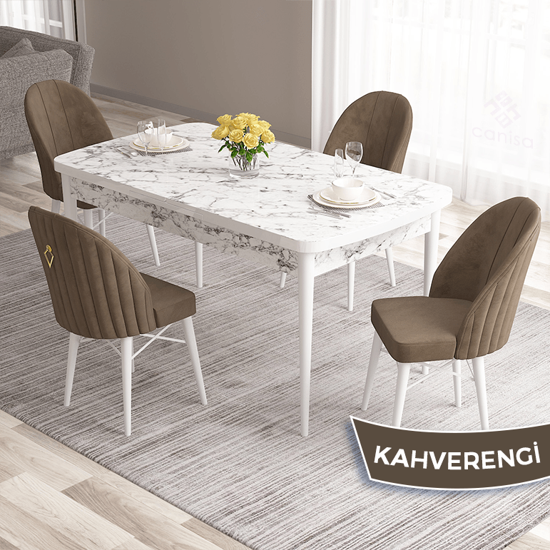 Roz Serisi 80x132 Mdf Açılabilir Gold Halka Beyaz Mermer Desen Masa Takımı Ve 4 Sandalye