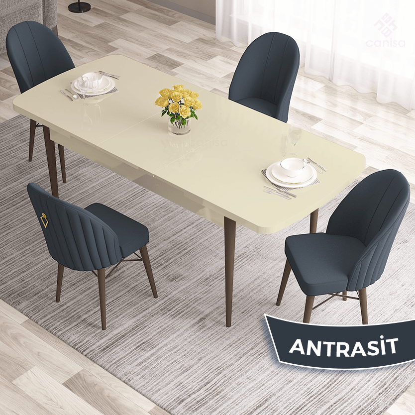 Roz Serisi 80x132 Mdf Açılabilir Gold Halka Krem Masa Ceviz Ayak Masa Takımı Ve 4 Sandalye
