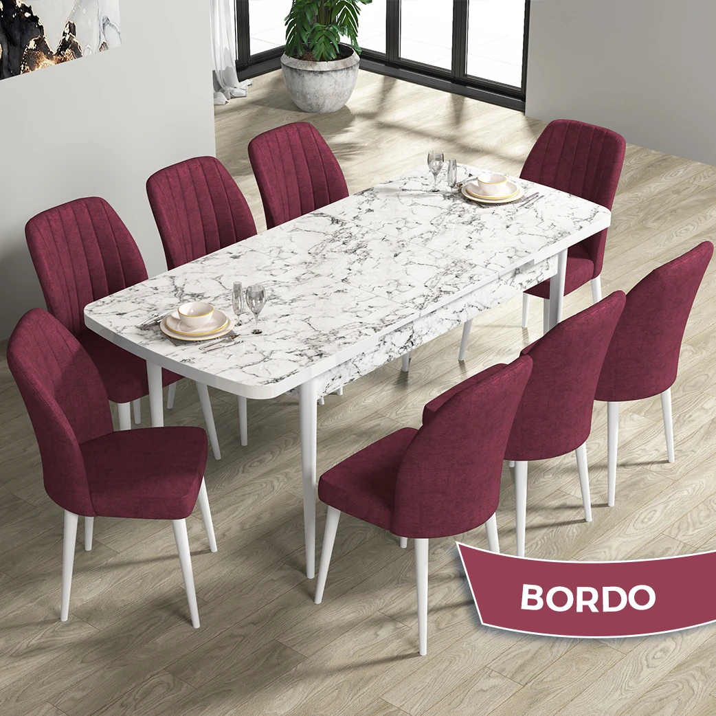 Beyaz Mermer Desen Masa Bordo Renk Sandalye