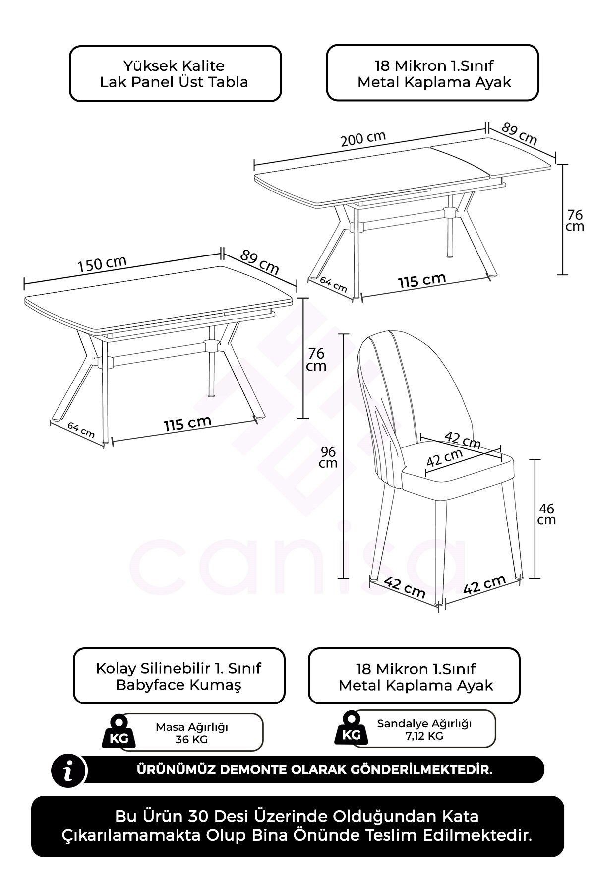 Sim Serisi 89x150 Açılabilir Lak Panel Rampla Gri Masa ve 6 Sandalye Krom Kaplama Ayak