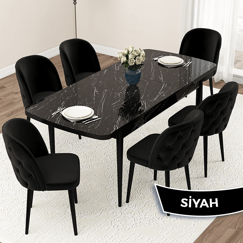 Jae Serisi 80x132 Açılabilir Siyah Mermer Desen Masa Takımı Ve 6 Sandalye