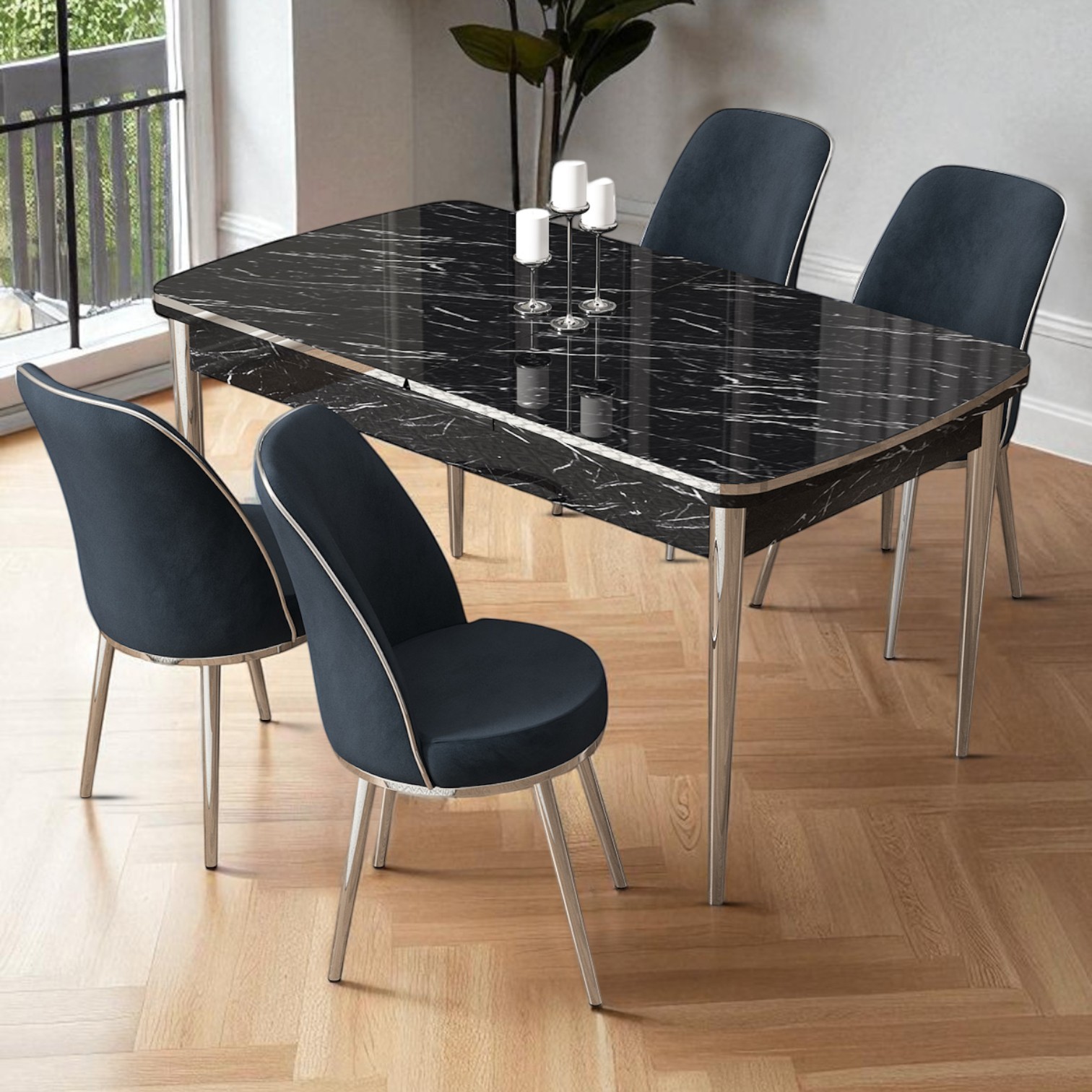 Nira Serisi 70x114 Mdf Siyah Mermer Desen Mutfak Masa Takımı 4 Sandalye Krom Detay