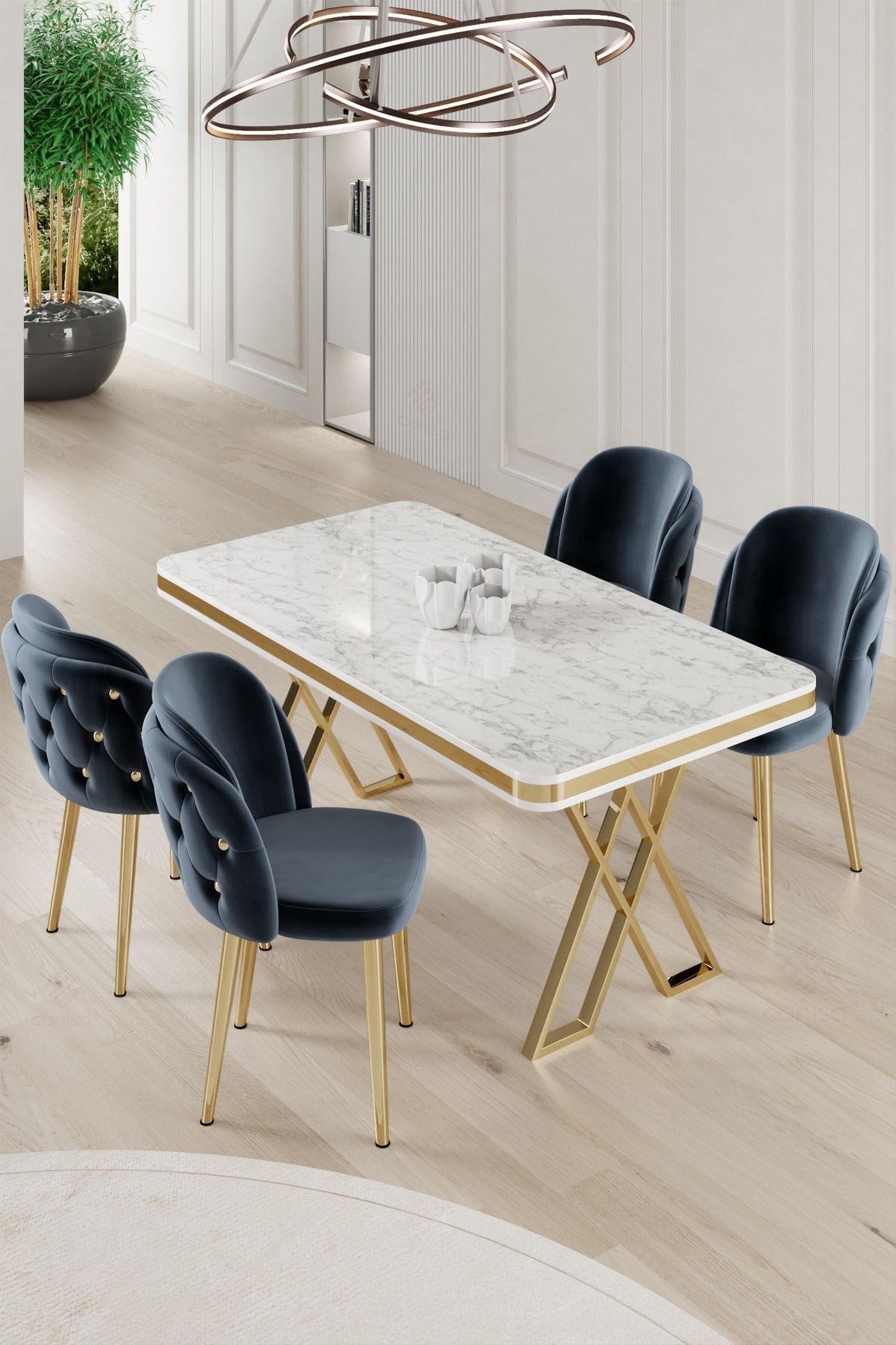 Rigel Serisi 80x130 Lak Panel Beyaz Mermer Desen Masa ve 4 Sandalye Gold Kaplama Ayak