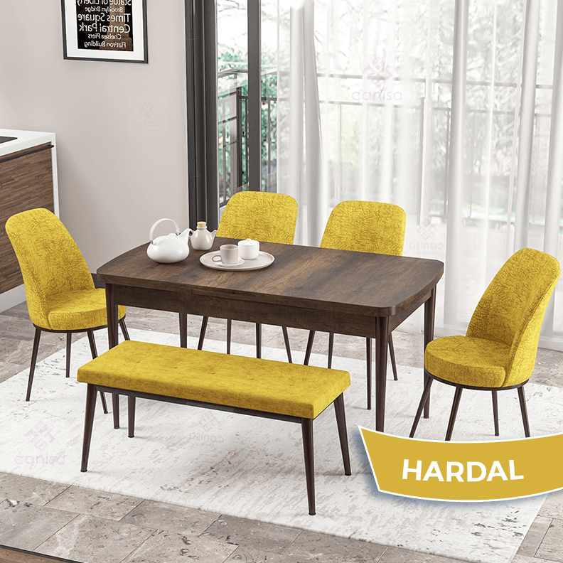 masa barok sandalye ve bench hardal ayak kahve