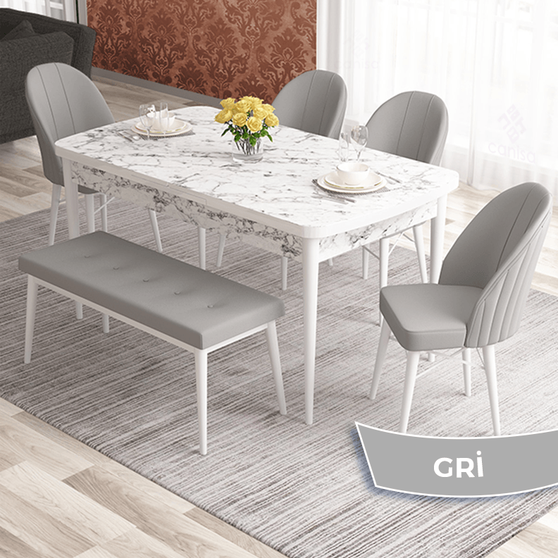 masa beyaz sandalyeler ve bench gri