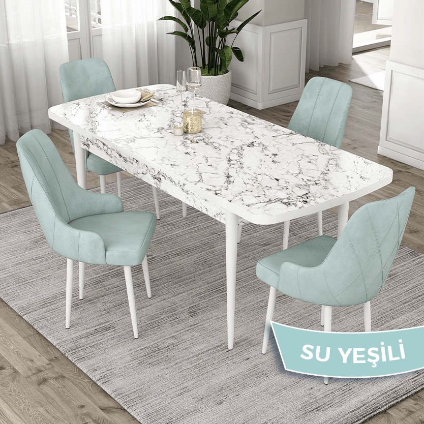 masa beyaz mermer desen sandalye su yeşil