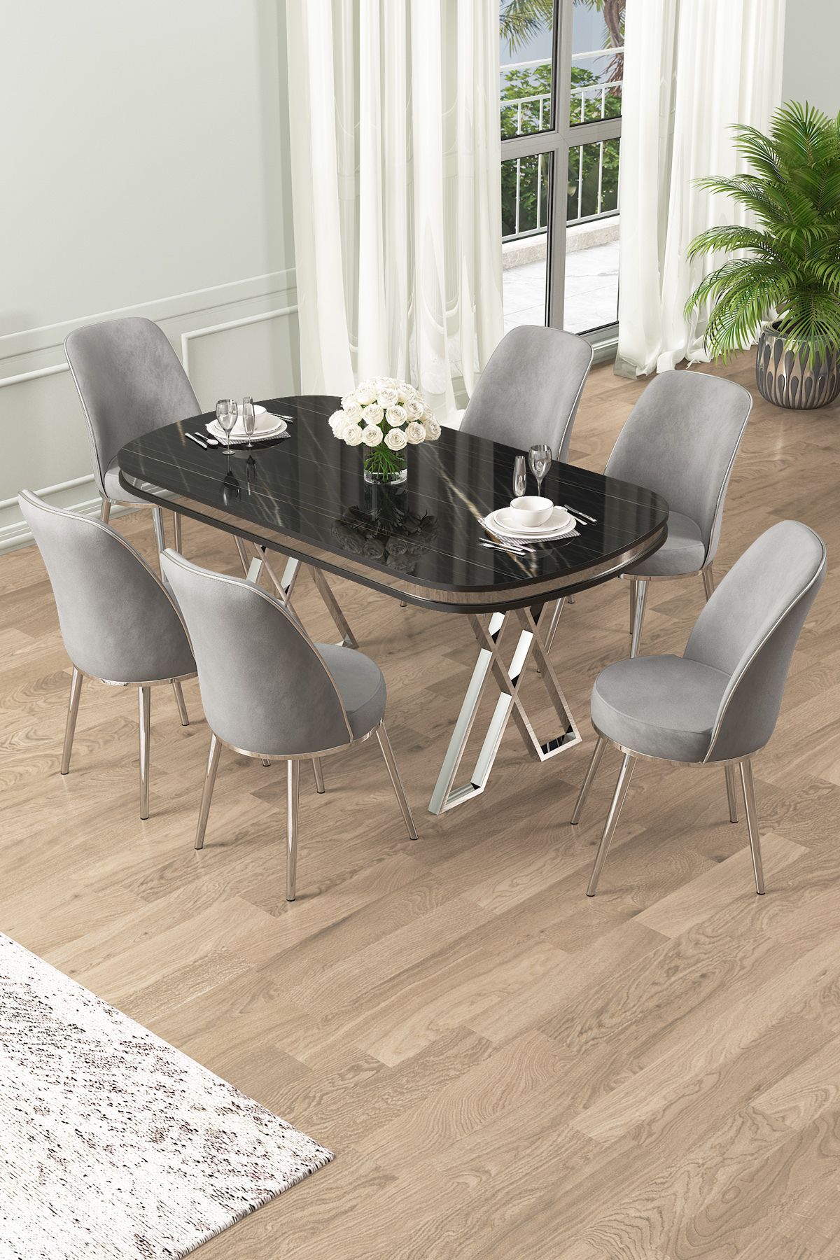 Lai Serisi 90x168 Lak Panel Sonata Masa ve 6 Sandalye Krom Kaplama