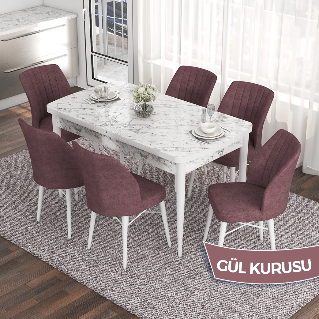 Beyaz Mermer Desen Masa / Gülkurusu Sandalye