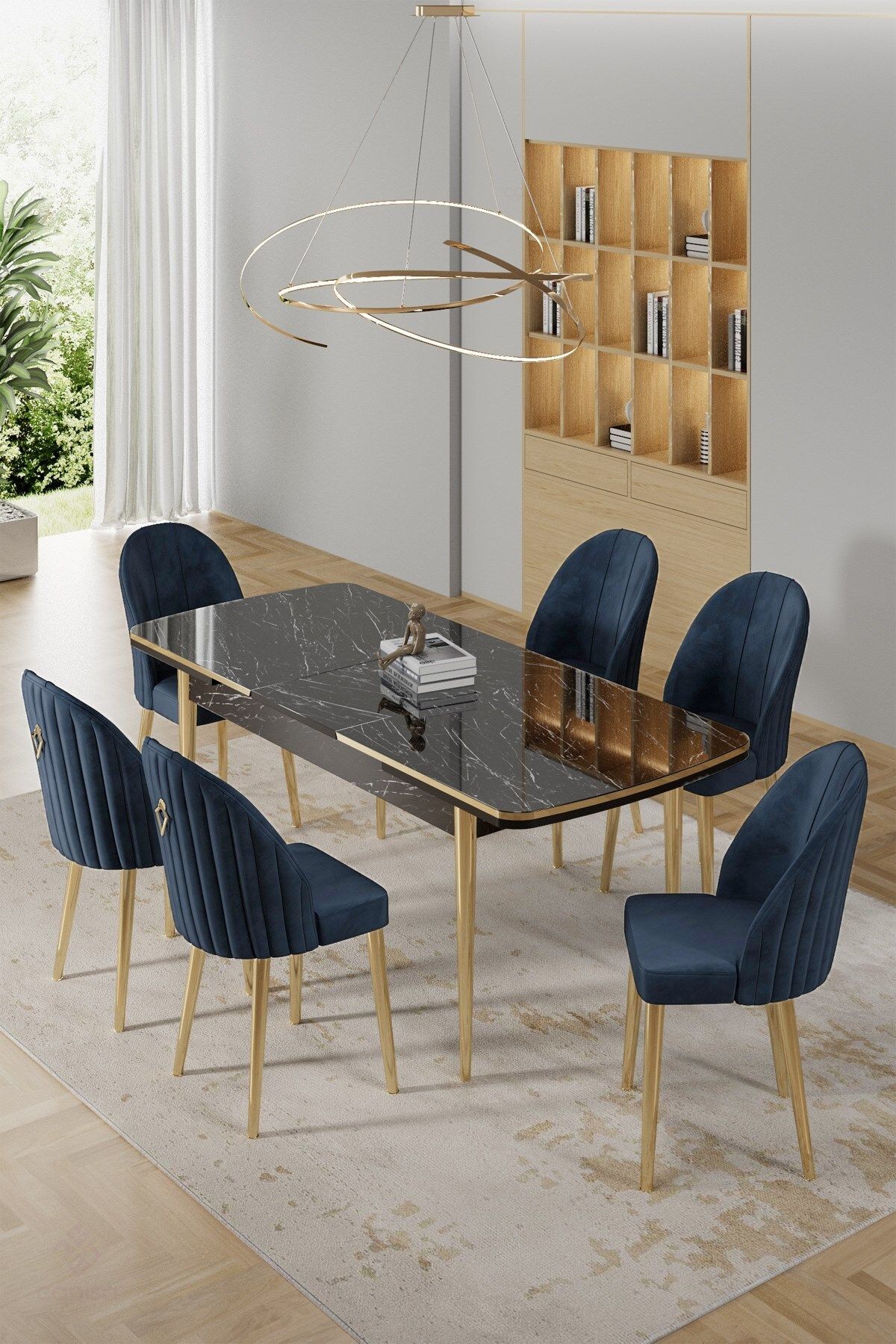 Rada Serisi 80x132 Açılabilir Lak PanelSonata Masa ve 6 Sandalye Gold Kaplama Ayak