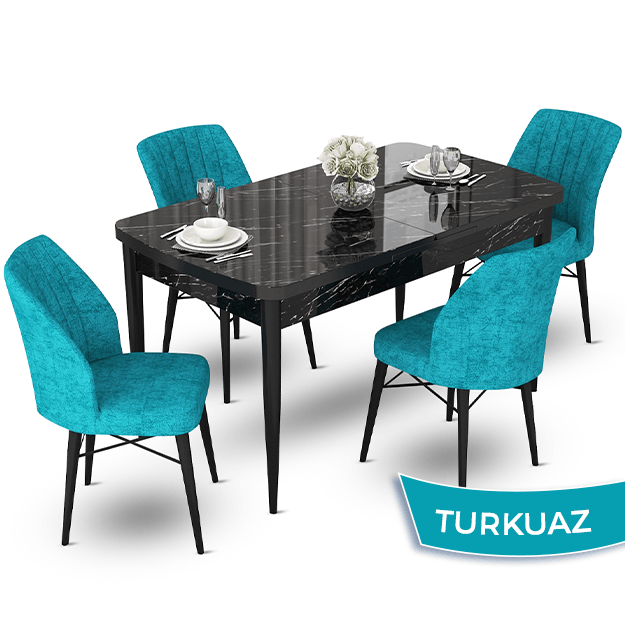 masa siyah mermer desen sandalye turkuaz
