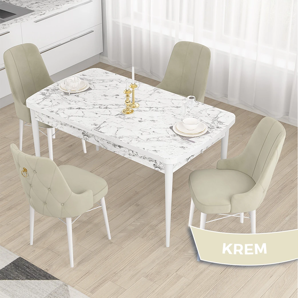 Masa Beyaz Mermer Desen Sandalye kremm