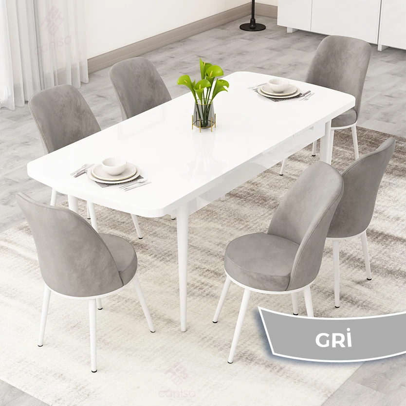 Rax Serisi 80x132 Açılabilir Beyaz Mutfak Masa Takımı ve 6 Sandalye